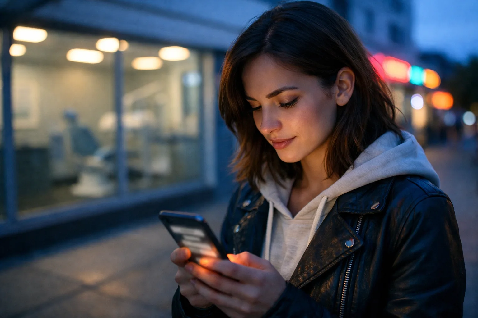 Asking an AI assistant for help Woman outside a dental office at dusk looking at a glowing phone screen