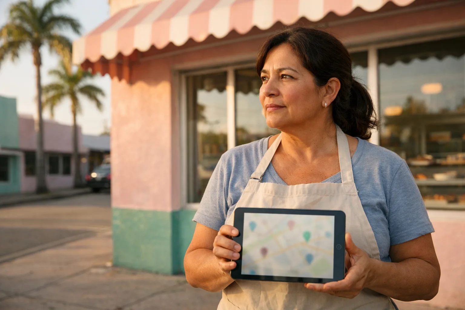 Checking local search claims Shop owner outside a pastel storefront checking a tablet showing a blurred map screen