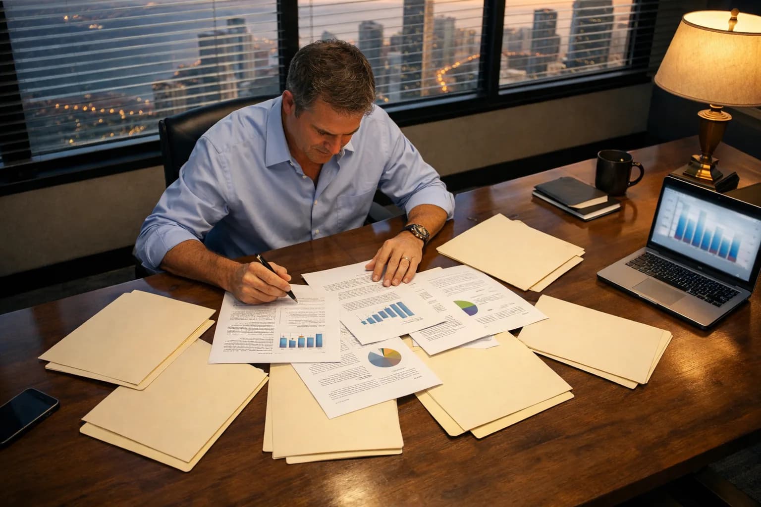 Comparing agency proposals Man comparing several plain folders and printed pages spread across an office table