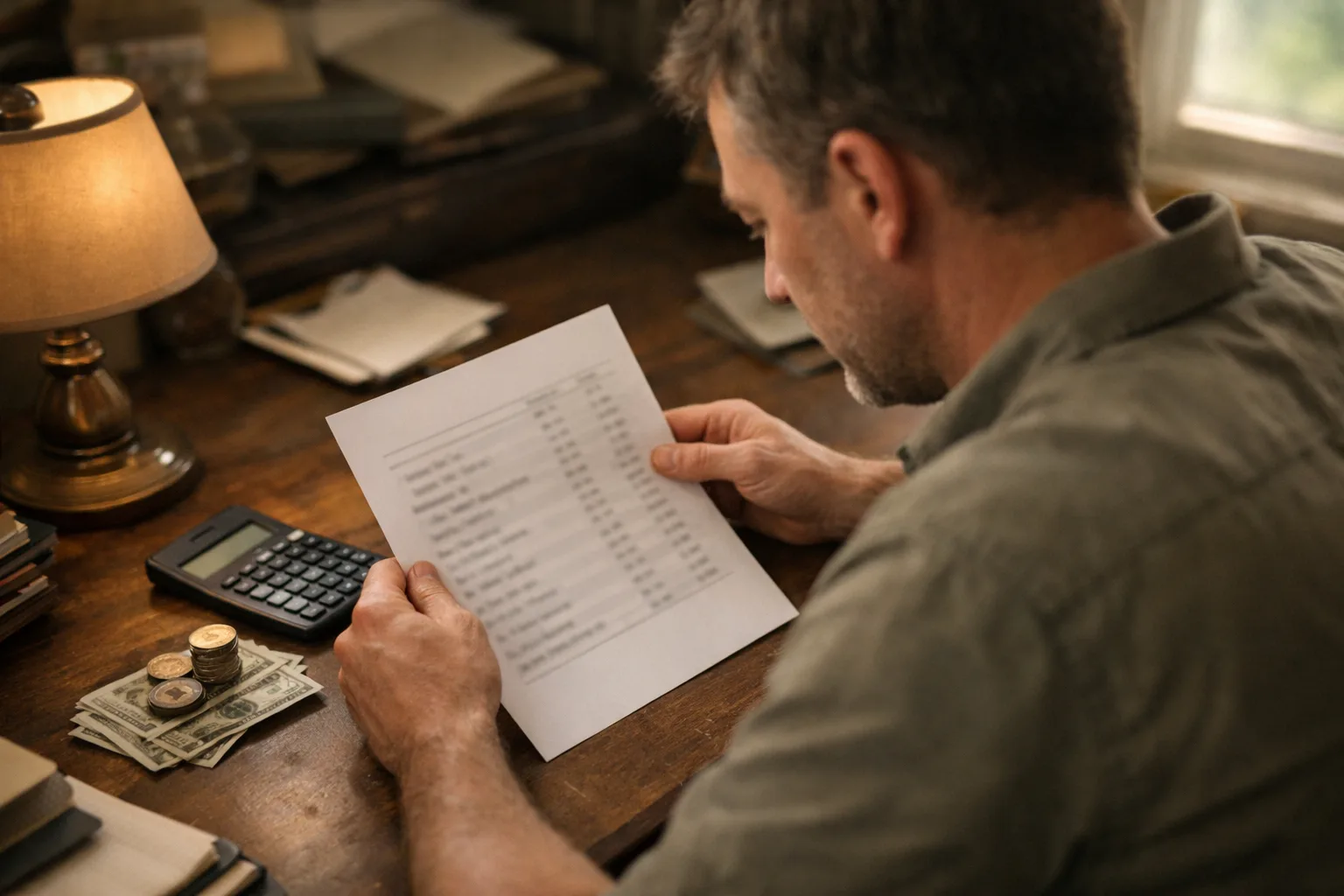 Planning a realistic SEO budget Man reviewing a printed budget sheet with a calculator and coins on a desk