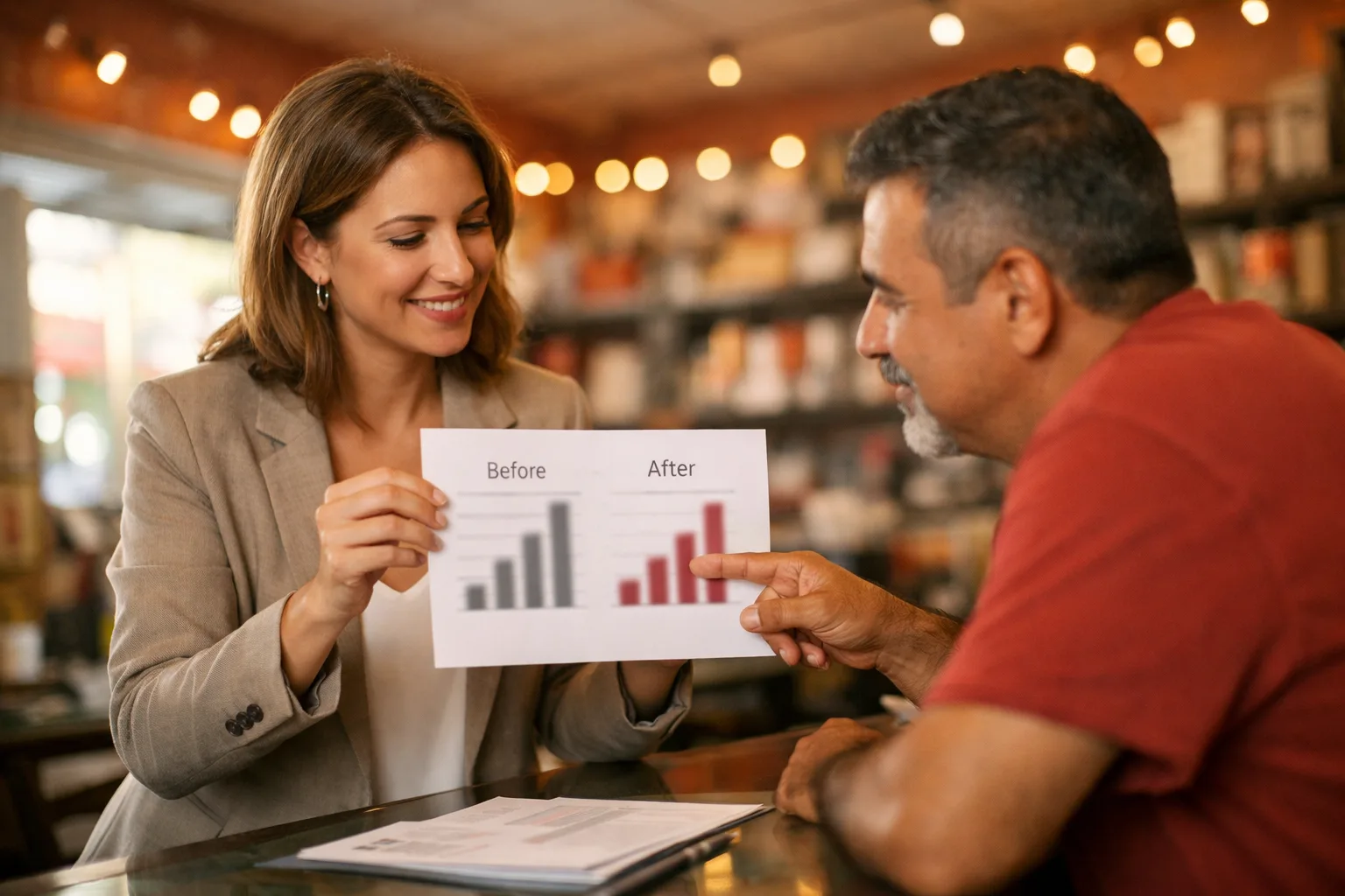 Presenting verified case results Consultant showing a printed report with a blurred bar chart to a shop owner