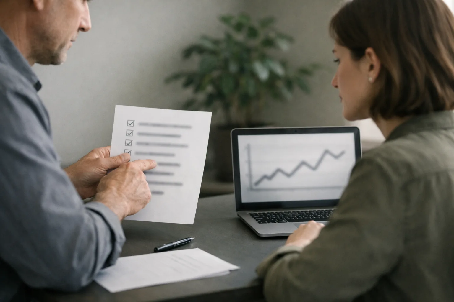 Vetting an agency together Two people at a desk reviewing a printed checklist and a laptop with a graph