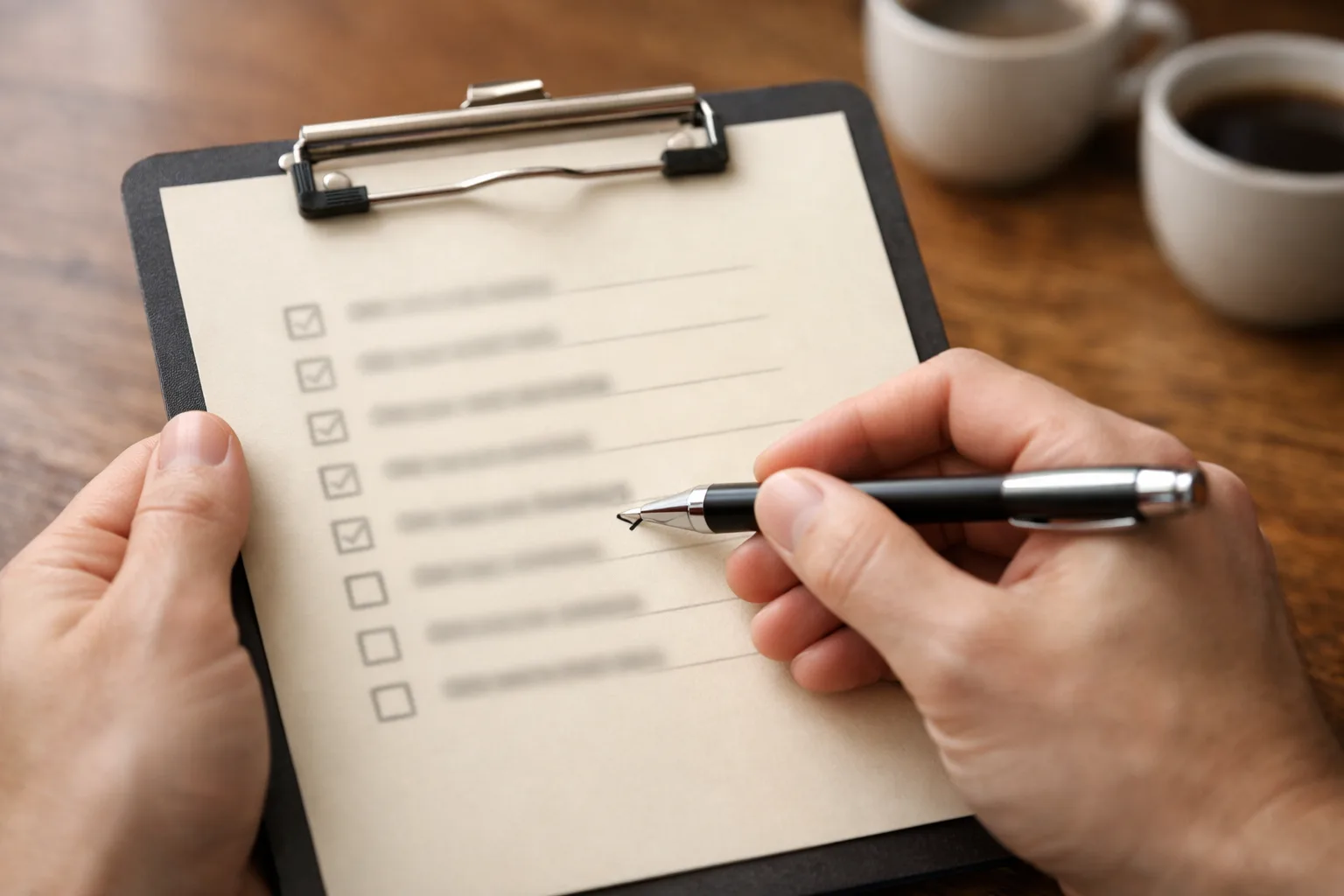 Working through the question list Hands holding a clipboard with a blurred checklist and a pen marking a line