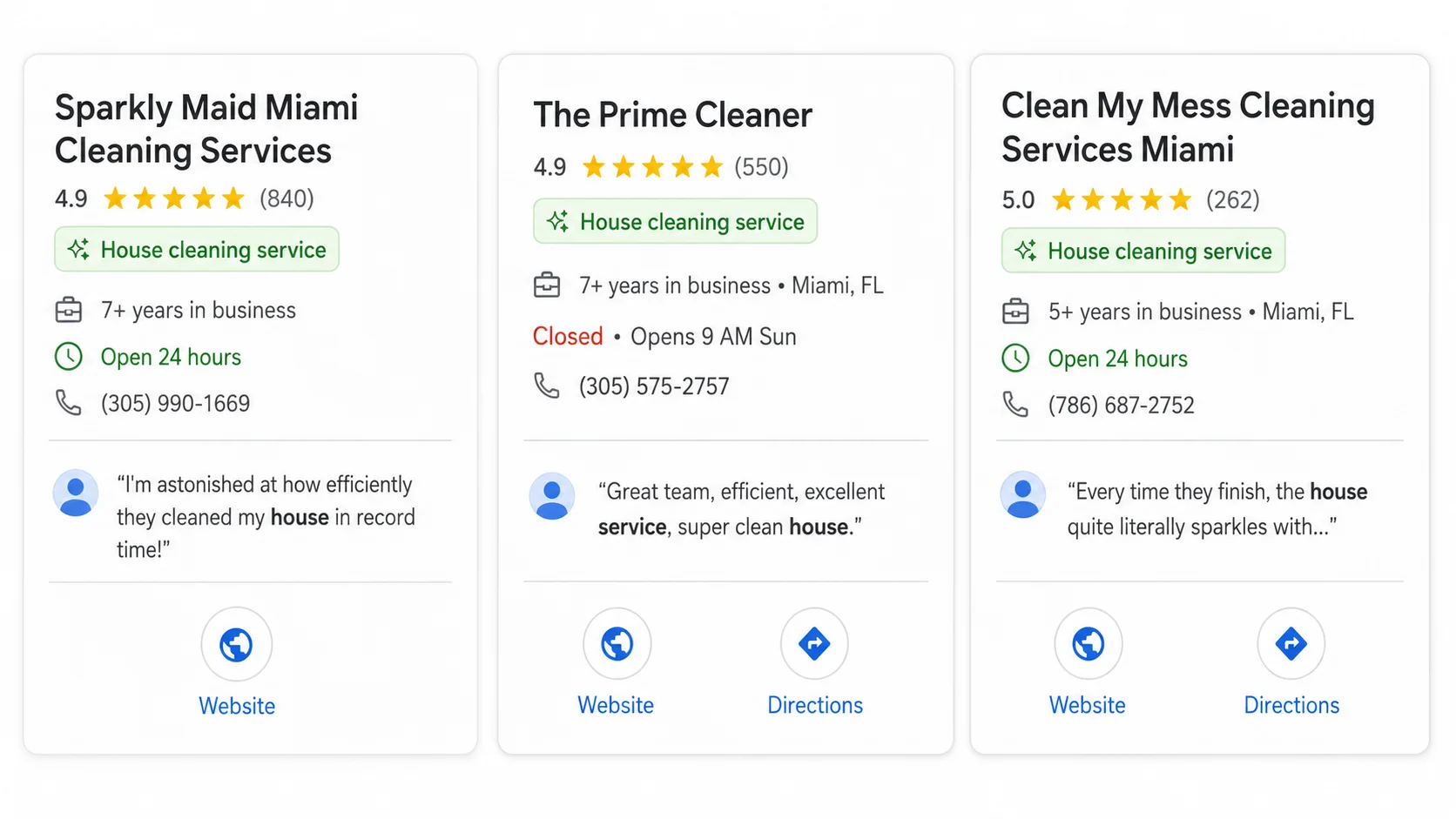 Resultados de Google para house cleaning in miami con el Local Pack: Sparkly Maid, Clean My Mess y The Prime Cleaner, los tres con la categoría House cleaning service visible bajo su nombre Resultados de Google para house cleaning in miami con el Local Pack: Sparkly Maid, Clean My Mess y The Prime Cleaner, los tres con la categoría House cleaning service visible bajo su nombre