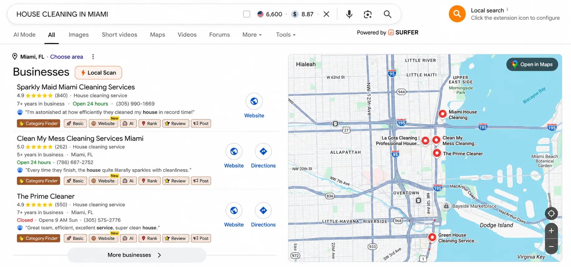 Resultados y mapa de Google para house cleaning in miami: los competidores principales tienen cientos de reseñas, y Miami House Cleaning aparece entre ellos en el mapa Resultados y mapa de Google para house cleaning in miami: los competidores principales tienen cientos de reseñas, y Miami House Cleaning aparece entre ellos en el mapa
