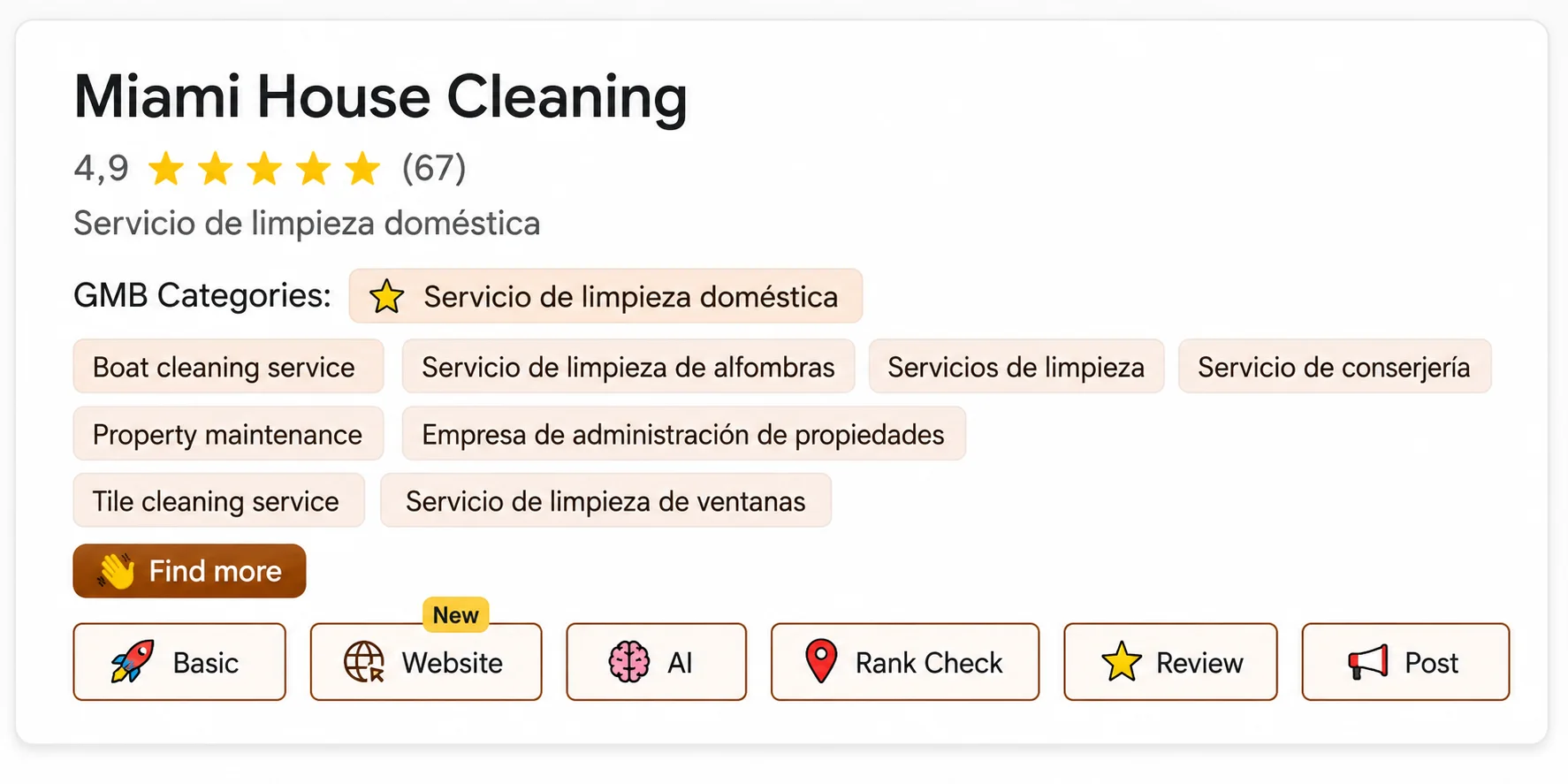 Categorías de Miami House Cleaning vistas con GMB Everywhere en Google Maps: servicio de limpieza doméstica como principal, y boat cleaning service, limpieza de alfombras, conserjería, property maintenance, administración de propiedades, tile cleaning y limpieza de ventanas como adicionales Categorías de Miami House Cleaning vistas con GMB Everywhere en Google Maps: servicio de limpieza doméstica como principal, y boat cleaning service, limpieza de alfombras, conserjería, property maintenance, administración de propiedades, tile cleaning y limpieza de ventanas como adicionales