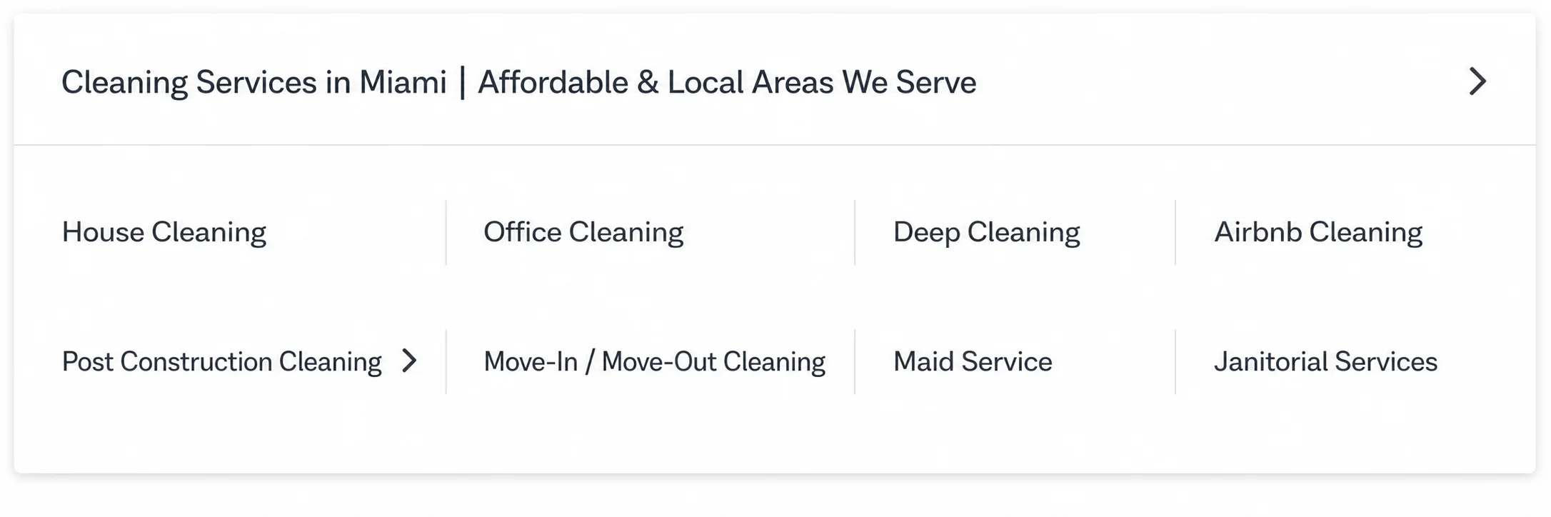 Menú de servicios del sitio web de Miami House Cleaning: house cleaning, office cleaning, deep cleaning, Airbnb cleaning, post construction cleaning, move-in y move-out, maid service y janitorial services Menú de servicios del sitio web de Miami House Cleaning: house cleaning, office cleaning, deep cleaning, Airbnb cleaning, post construction cleaning, move-in y move-out, maid service y janitorial services