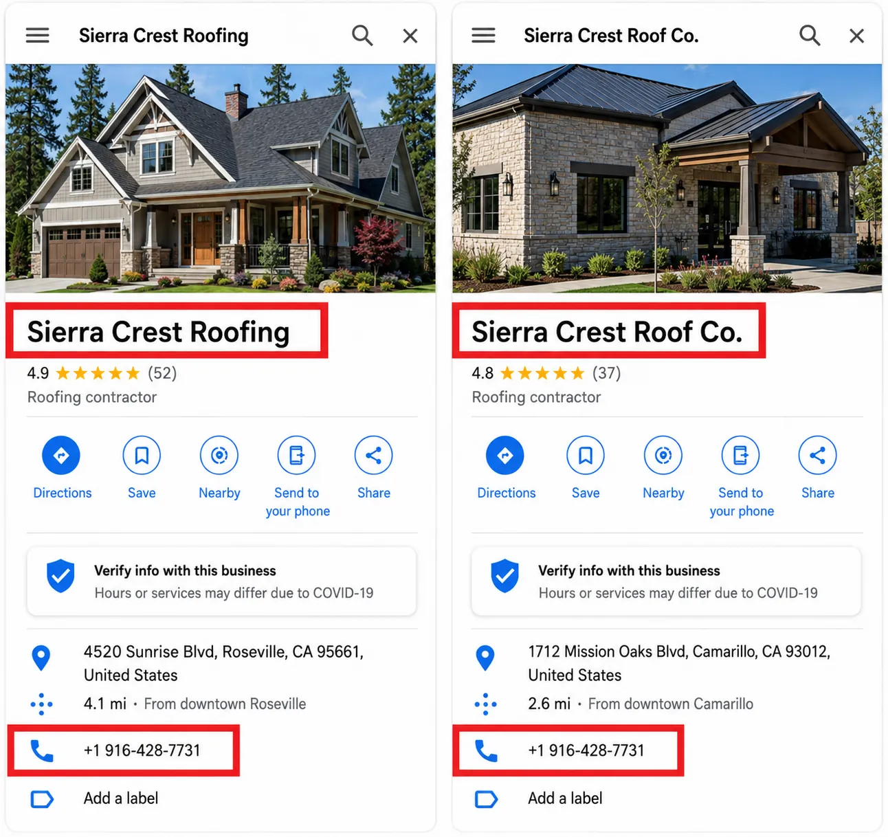 Duplicate Google Business Profile listings sharing the same phone number Two duplicate Google Business Profile listings for the same business with different names but the same phone number