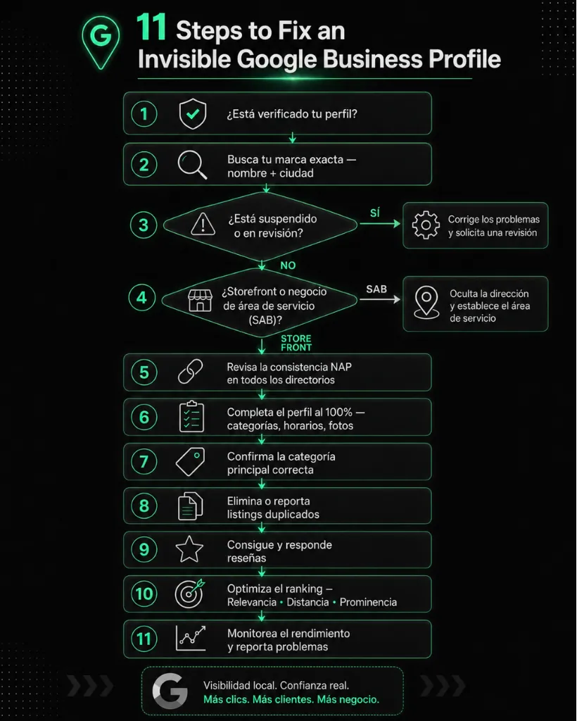 11 steps to fix a Google Business Profile that is not showing up Flowchart of 11 steps to fix an invisible Google Business Profile, from verification to local ranking signals