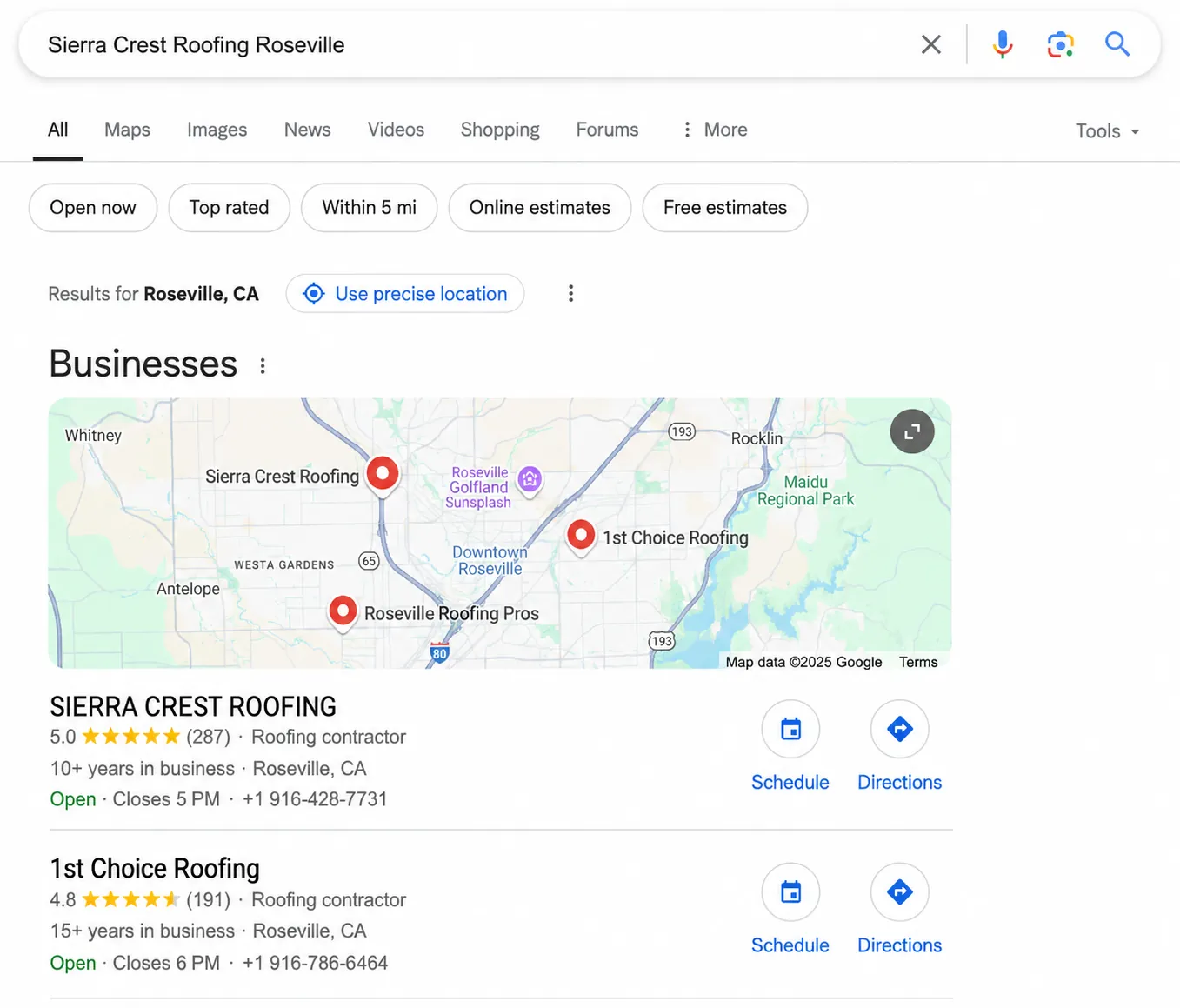 Buscar el nombre exacto de tu negocio más la ciudad en el Local Pack de Google Resultados del Local Pack de Google para una búsqueda de marca que muestran un negocio y un competidor en Google Maps