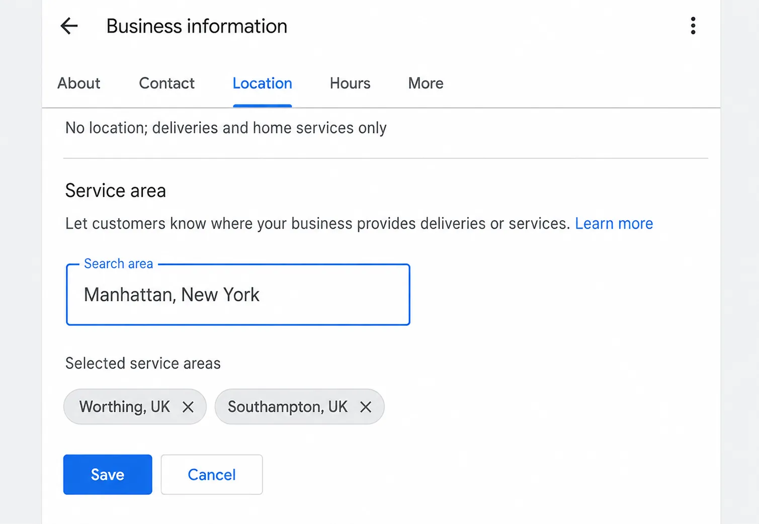 Configuring a service area in the Google Business Profile dashboard Google Business Profile service area setup screen showing hidden address and selected service areas for a service-area business