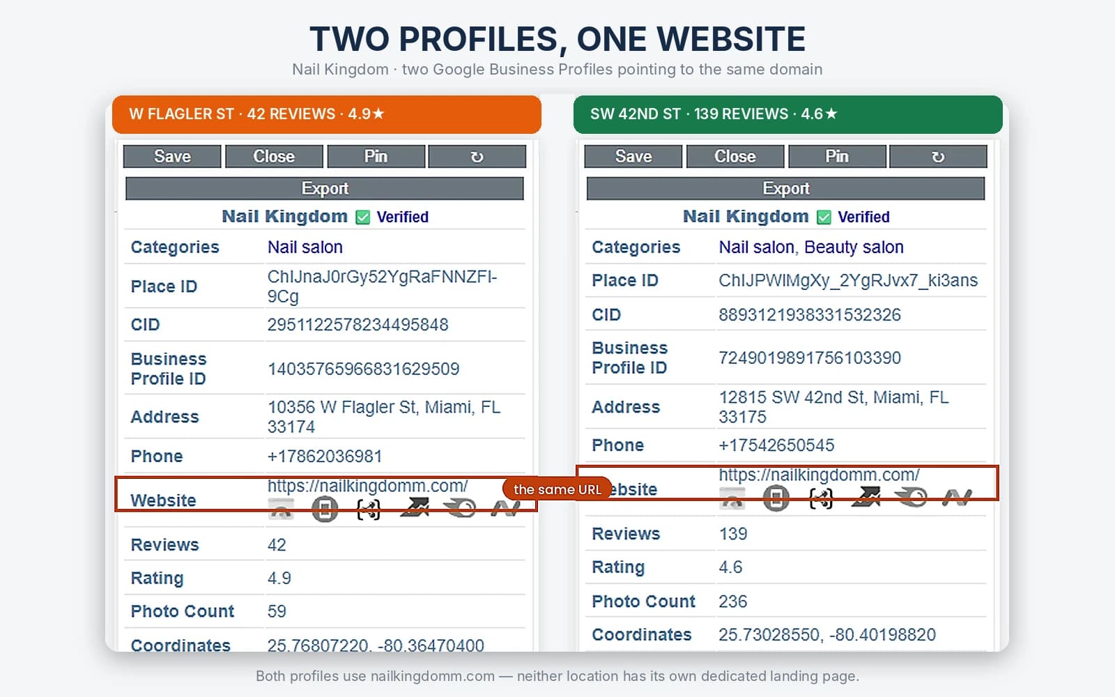 Two profiles, one website Google Business Profile data for both Nail Kingdom locations side by side, showing different categories, review counts and attributes, but the same website URL on both profiles