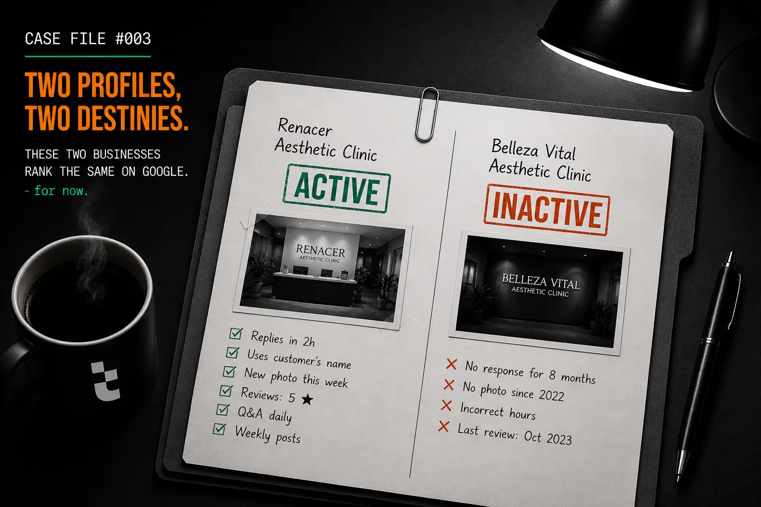 Two profiles, two destinies: active vs inactive Google Business Profile Two Google Business Profiles side by side, one active with reviews and posts, one inactive and abandoned