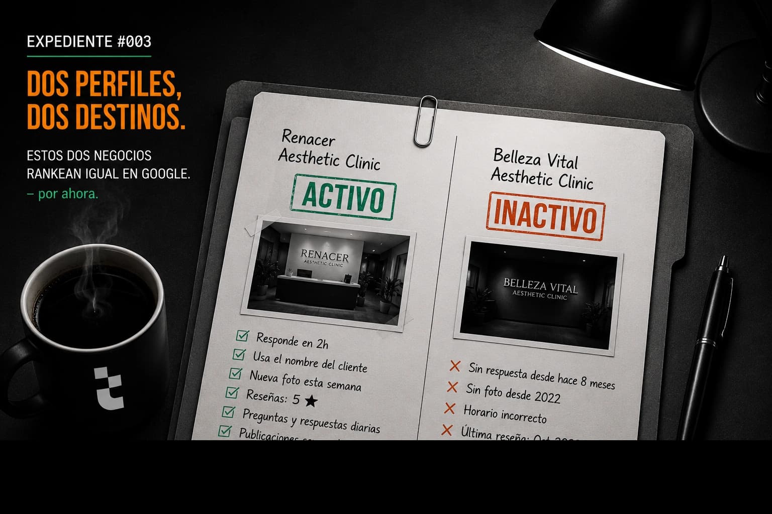Dos perfiles, dos destinos: Google Business Profile activo vs inactivo Dos Google Business Profiles lado a lado, uno activo con reseñas y posts, otro inactivo y abandonado