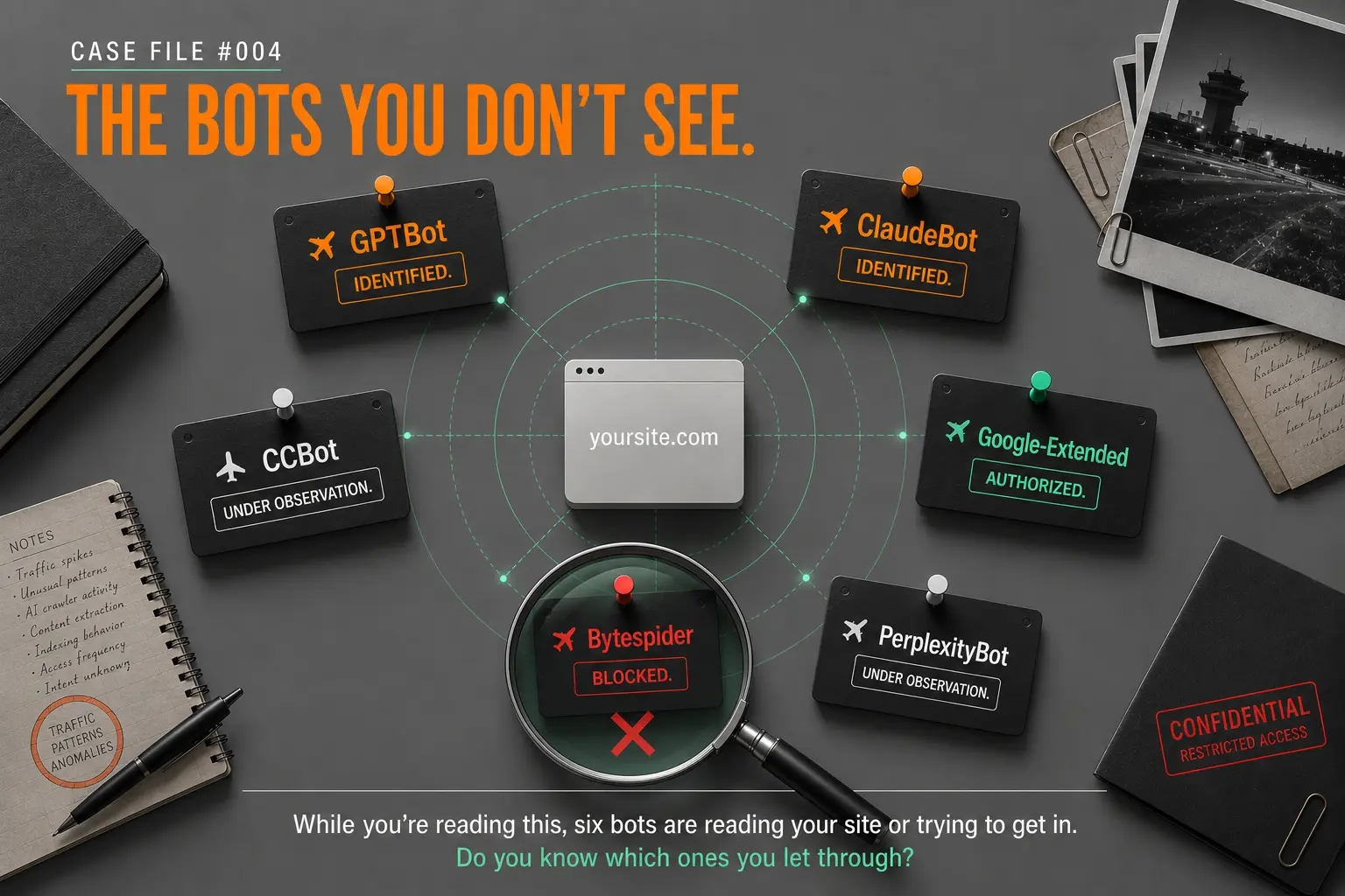 AI crawlers visiting your site: do you know which ones you let through? The bots you don't see, GPTBot, ClaudeBot, PerplexityBot, Google-Extended, CCBot, and Bytespider crawling your site