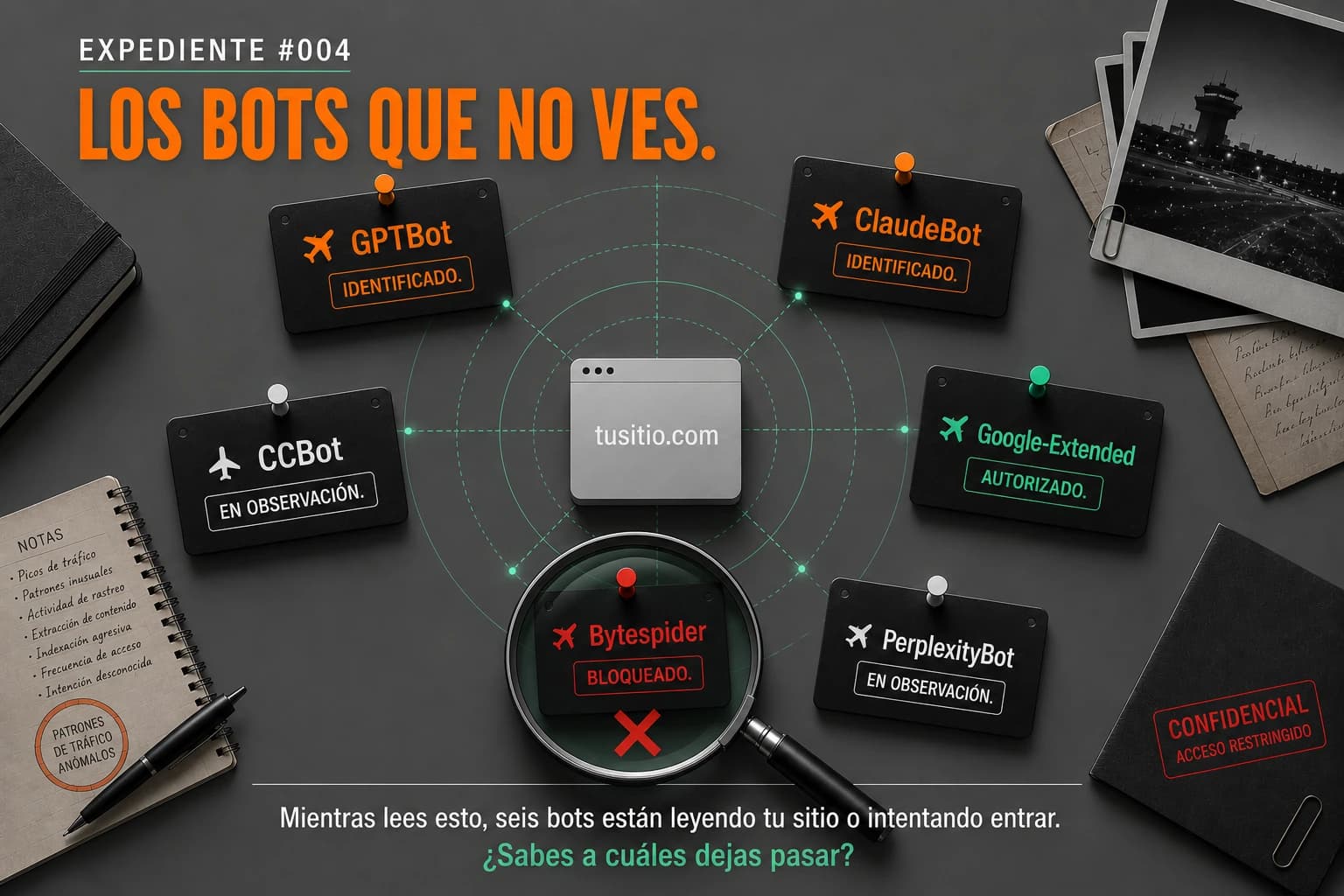 Crawlers de IA visitando tu sitio: ¿sabes cuáles dejas pasar? Los bots que no ves, GPTBot, ClaudeBot, PerplexityBot, Google-Extended, CCBot y Bytespider rastreando tu sitio