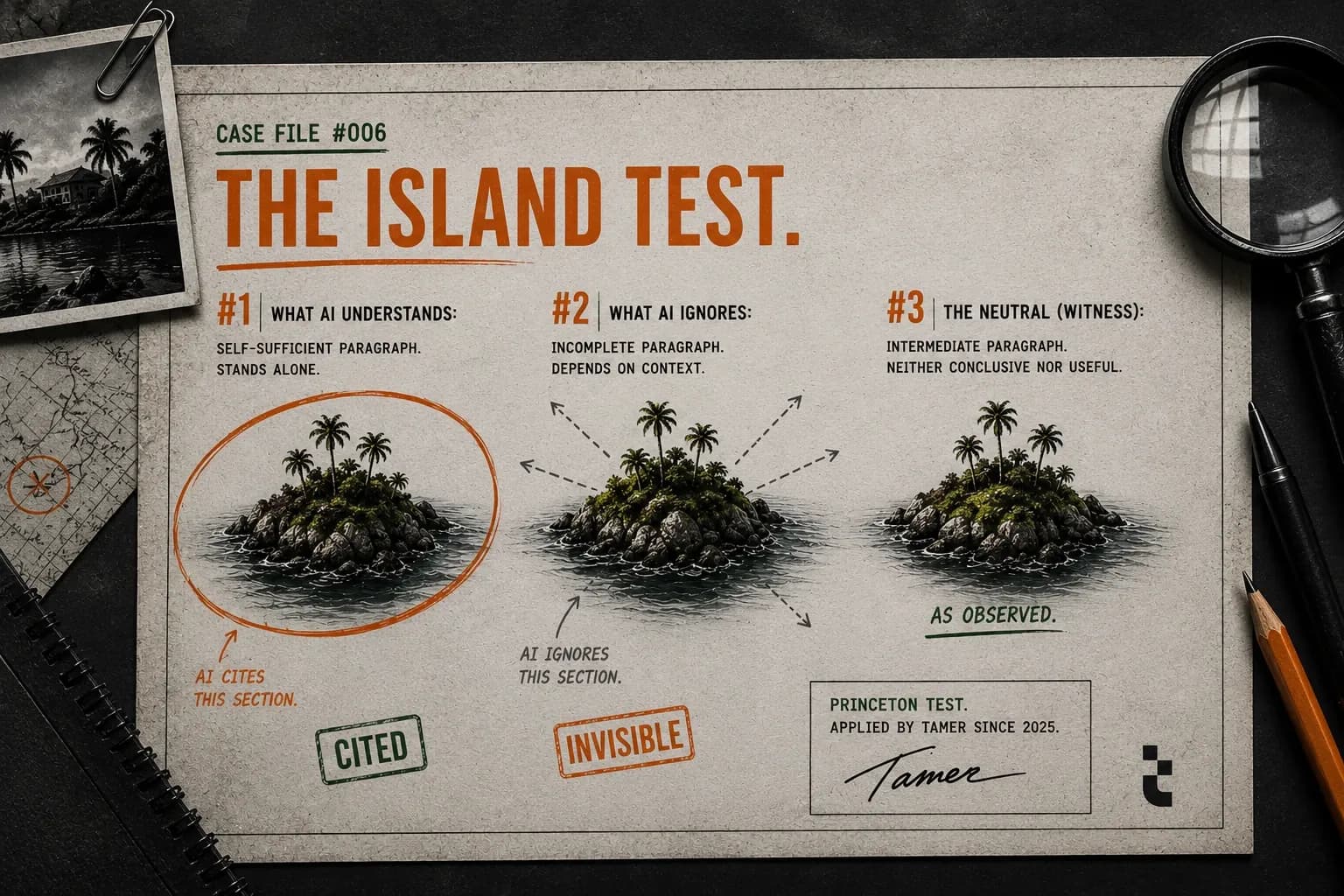 The Island Test: self-sufficient paragraphs AI can cite The Island Test, three islands showing what AI cites, what it ignores, and the neutral witness