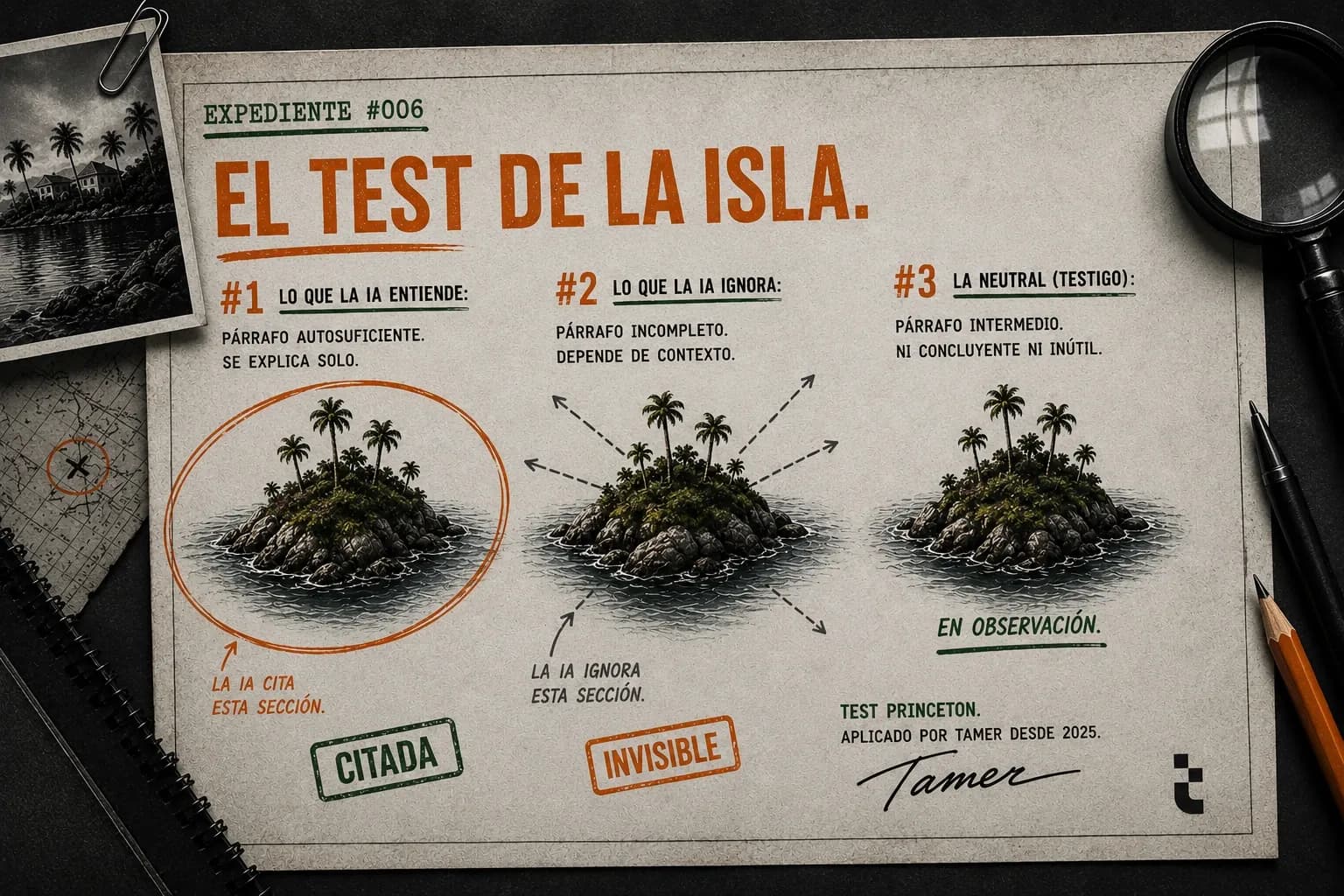 El Island Test: párrafos autosuficientes que la IA puede citar El Island Test, tres islas mostrando qué cita la IA, qué ignora y el testigo neutral