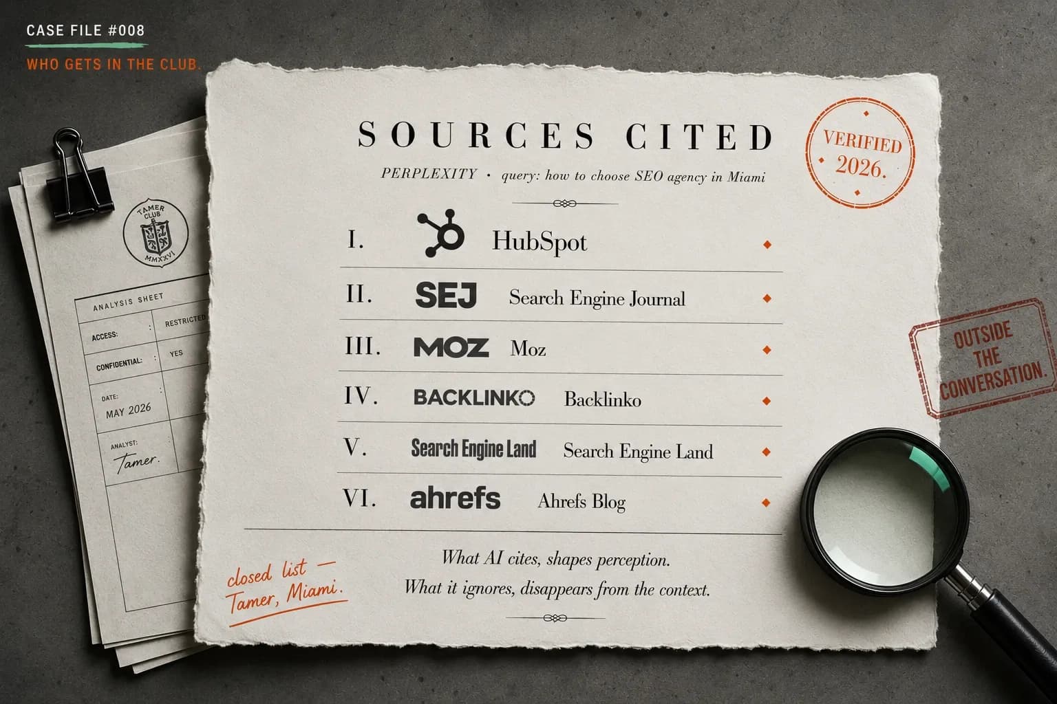 What AI cites, shapes perception. What it ignores, disappears from the context. Sources Cited, Perplexity query showing which sources AI cites when recommending an SEO agency in Miami