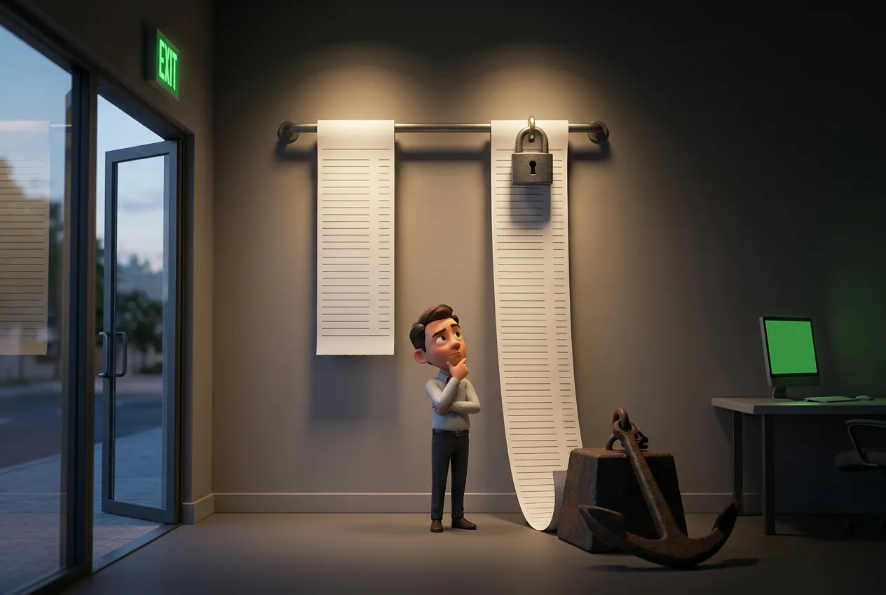 The advertised price and the price you are actually committing to Two receipts hanging from a rail: the short one ends cleanly next to an open door, the long one runs to the floor weighed down by an anchor and clamped shut with a padlock