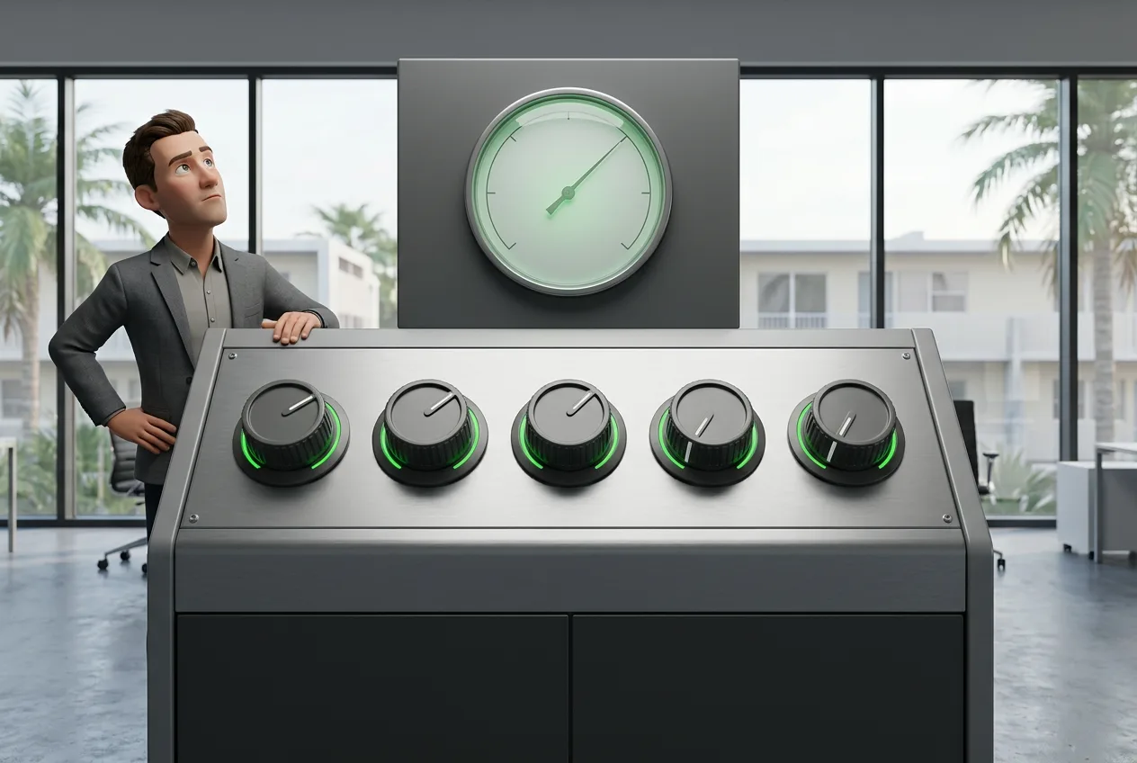 Five dials set your number, and they multiply rather than add A control console with five large dials in a row, three turned to maximum and two near minimum, under a gauge whose needle is pushed high