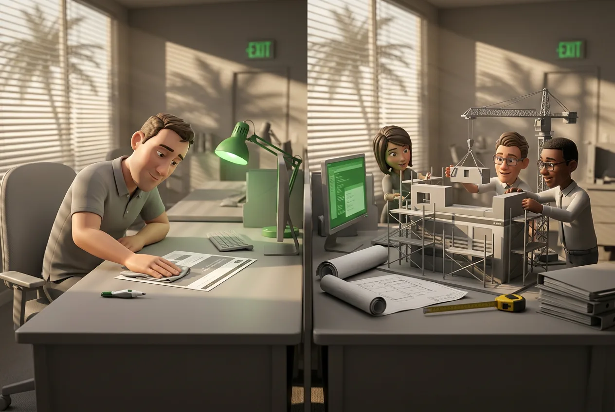The same line on the invoice, two completely different jobs Two identical desks side by side: at one, a man wipes a cloth over a single printed web page; at the other, a team of three builds the same page as a structure with scaffolding, blueprints and a crane