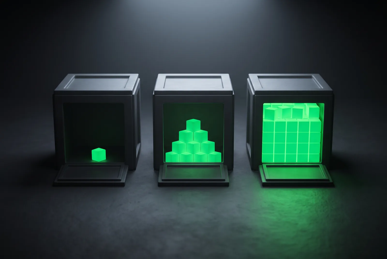 Three identical crates opened side by side, one nearly empty and one packed full of glowing blocks, showing how the same SEO price label buys very different volumes of work Three identical crates opened side by side, one nearly empty and one packed full of glowing blocks, showing how the same SEO price label buys very different volumes of work