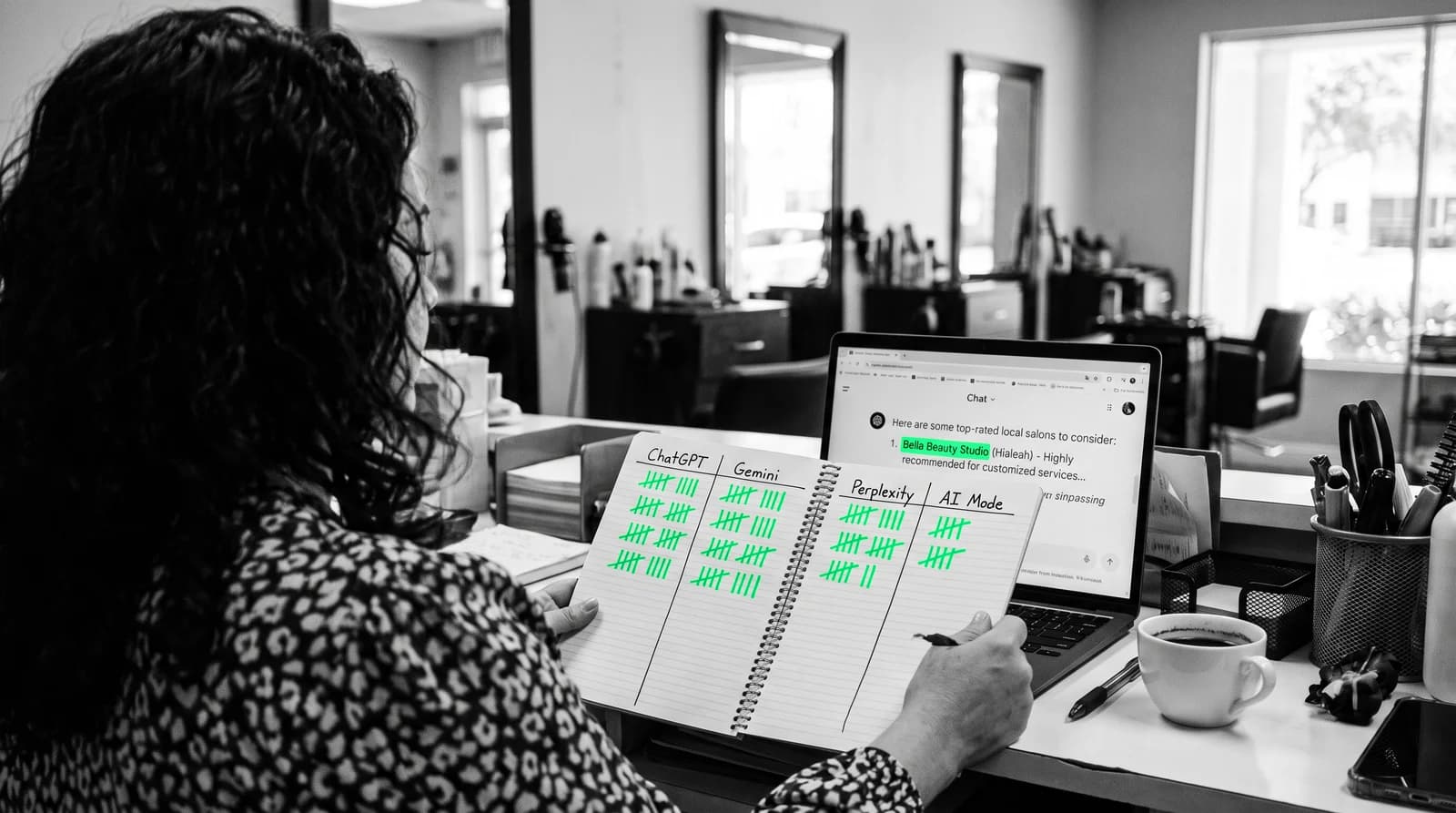 A salon owner tallying by hand, engine by engine, how many times AI assistants mention her business, next to the AI answer that names it A salon owner tallying by hand, engine by engine, how many times AI assistants mention her business, next to the AI answer that names it