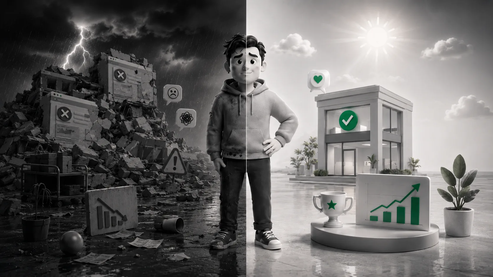 What a cheap website and a built-to-work website look like three years later Split scene contrasting a cheap website collapsing into rubble with a business that grew and ranks three years later
