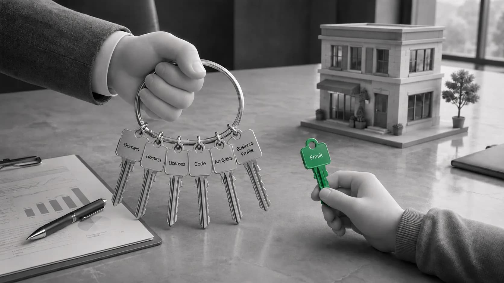 What you actually own when the website is done A web provider holding a ring of keys labeled domain, hosting, licenses, code, analytics and Business Profile while the business owner holds only an email key