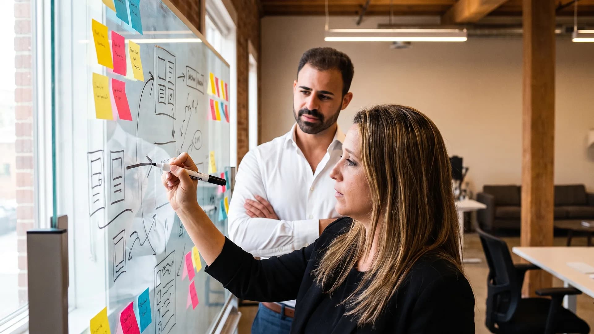 Innovación continua Innovación: dos especialistas de tamer trazando ideas en una pizarra de cristal