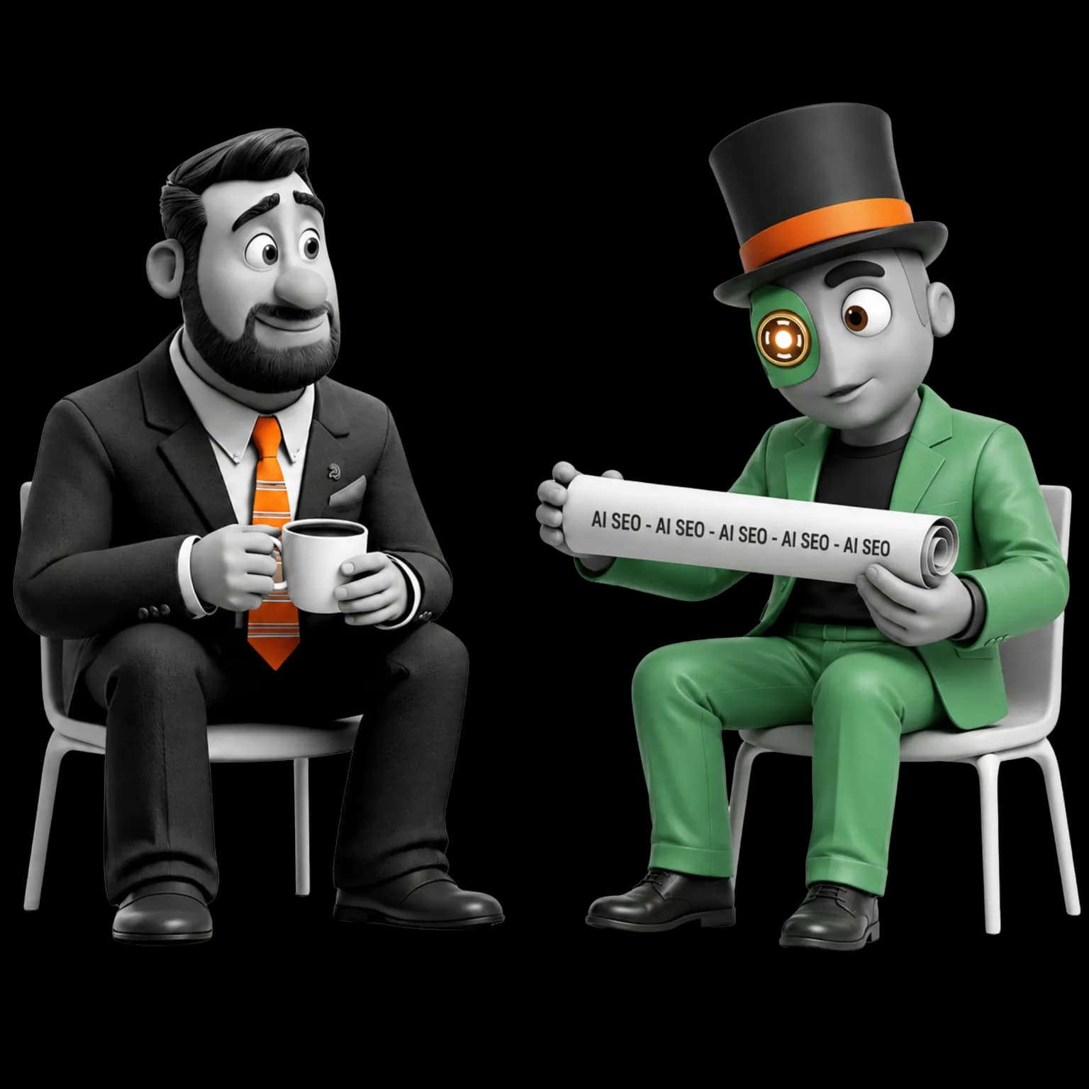 tamer AI SEO, see what AI says about your business A Miami business owner talking with the tamer AI SEO auditor, who holds a scroll reading AI SEO