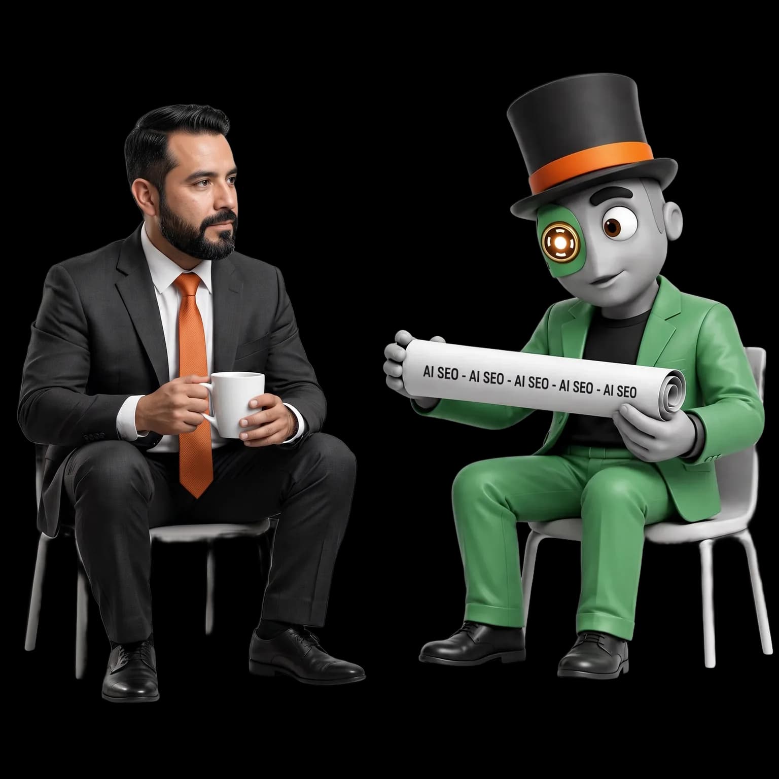 tamer Marketing AI SEO, see what AI says about your business A Miami business owner talking with the tamer Marketing AI SEO auditor, who holds a scroll reading AI SEO
