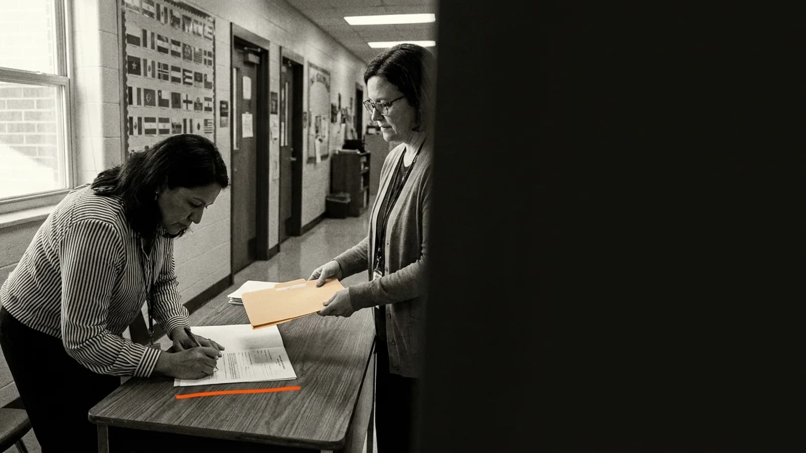 Enrolments signed at PECC An adult student signing her enrolment form at the school's front desk, the signature line underlined in orange, while the administrator hands her the folder