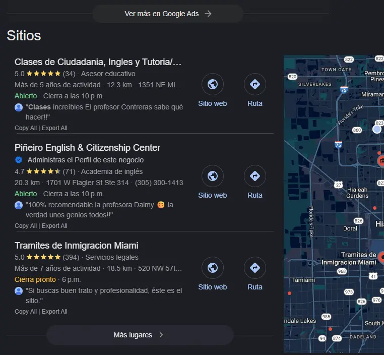 Local SEO Rankings Achievement Search ranking results showing Piñeiro English School in top 3 positions for local keywords