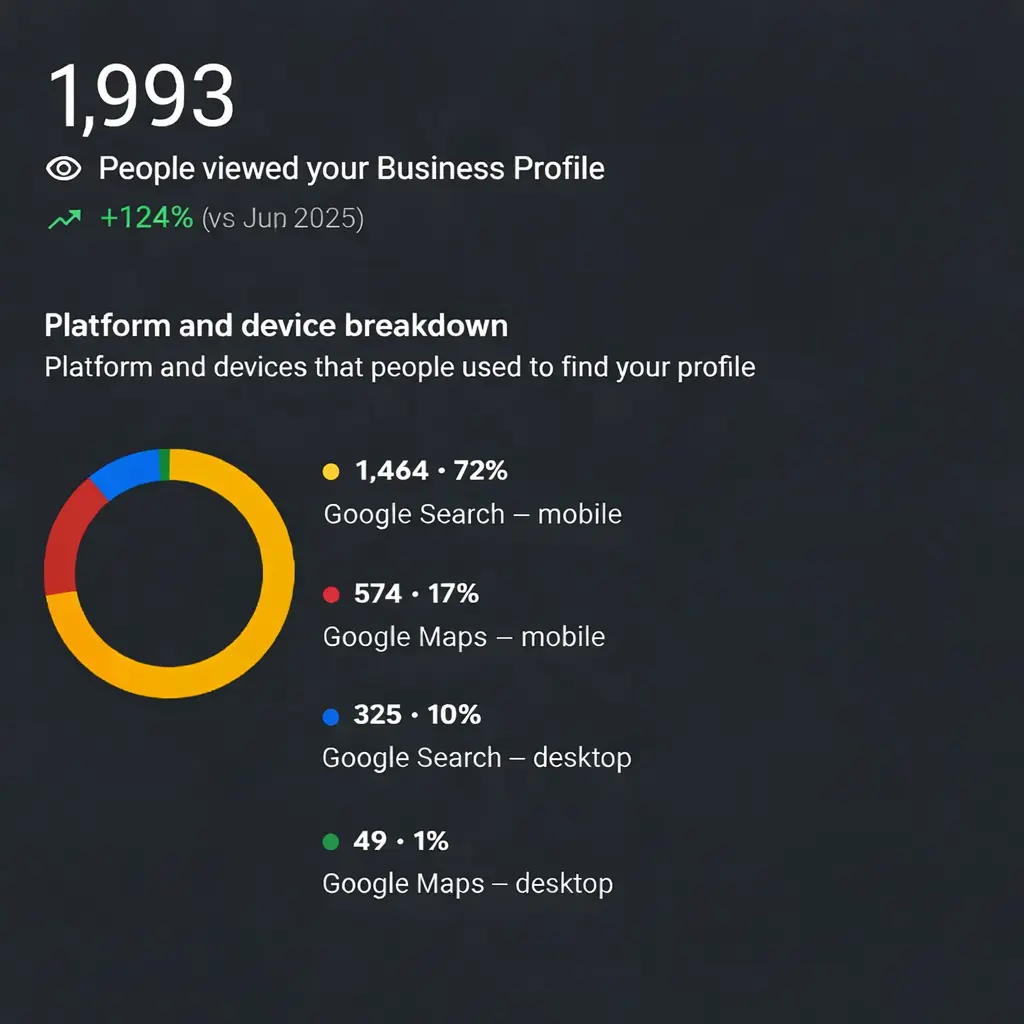 Discovery Search Growth Analytics Monthly discovery searches chart showing 890 to 1,993 growth