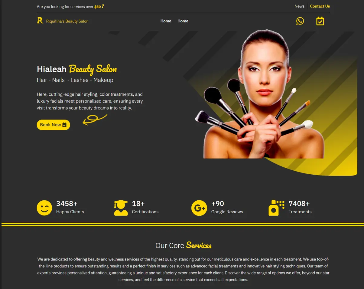 Website Design - Riquitina's Beauty Salon Case Study Riquitina's Beauty Salon website homepage showing before/after transformations and booking system