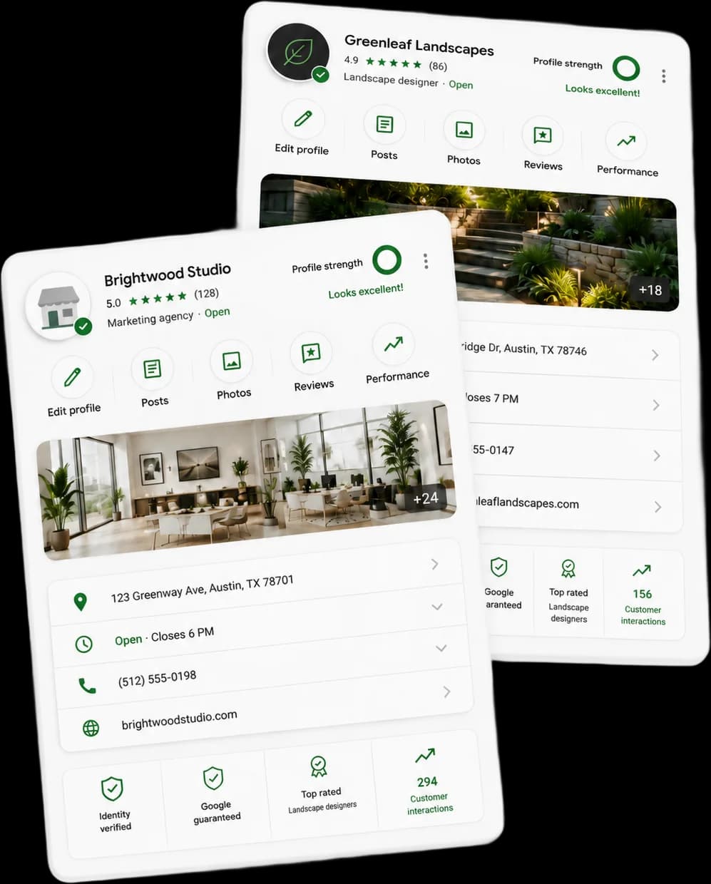 Optimized Google Business Profiles Two optimized Google Business Profiles with excellent profile strength, reviews, and verification