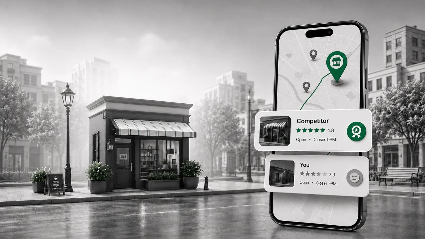 When Hialeah searches “near me”, your competitor shows up. You don’t. Google Business Profile optimization in Hialeah, a local storefront missing from the map while a competitor’s pin shows up