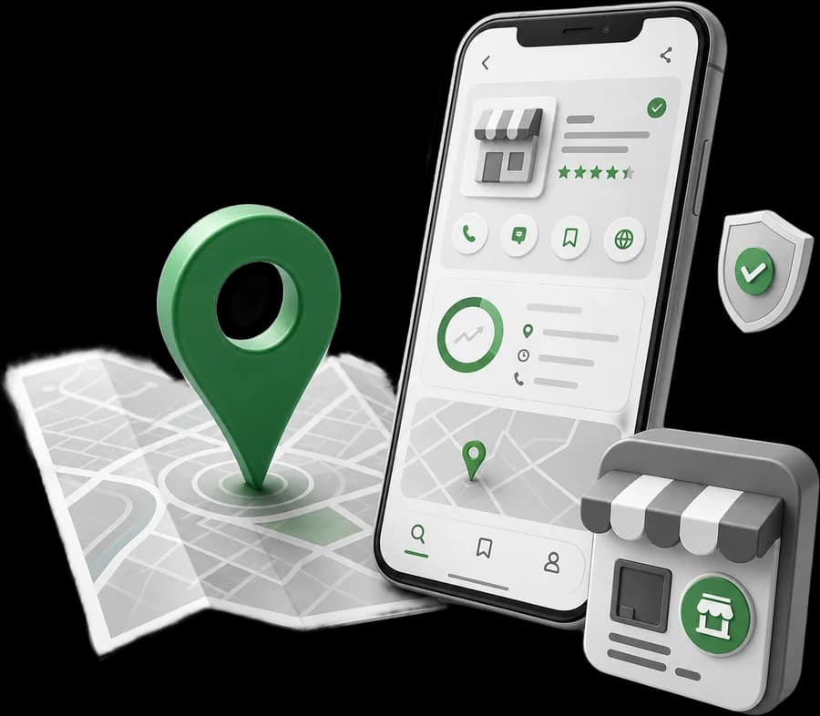 A complete Google Business Profile A complete Google Business Profile on a phone with a map pin, storefront, and verified badge
