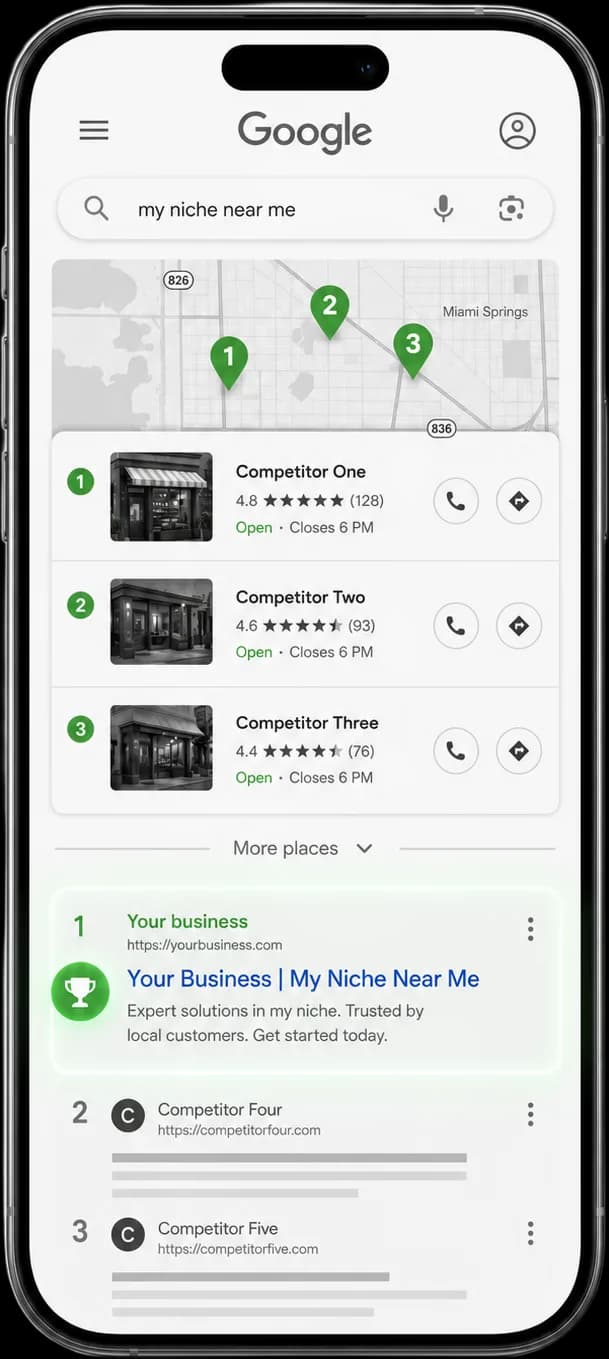 Competitors ranking in the Google local pack Google local pack on a phone with competitors filling the top three map spots