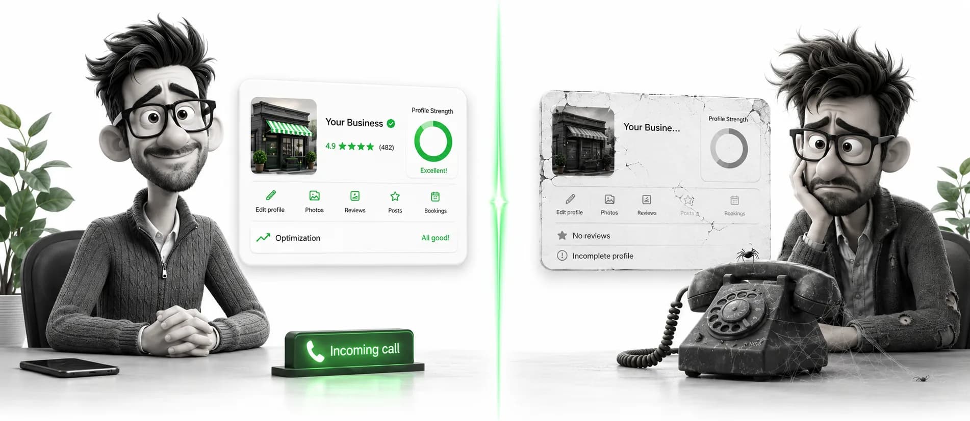Optimized vs neglected Google Business Profile An optimized Google Business Profile driving calls next to a neglected, low-ranking one