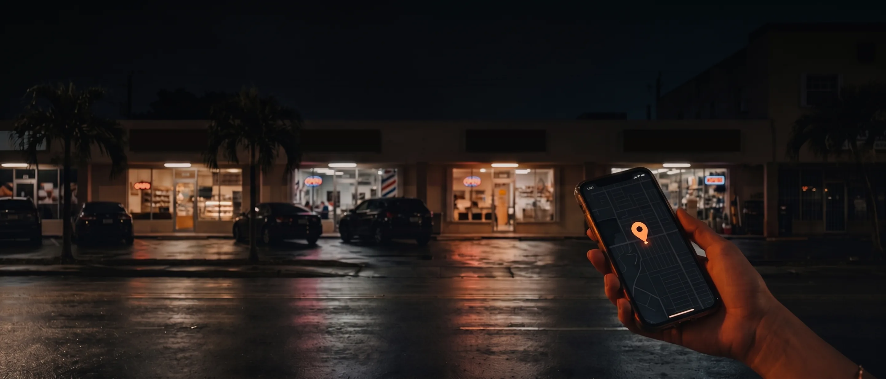 Local SEO in Hialeah by tamer Marketing A commercial street of local businesses in Hialeah at dusk, with a phone showing a map pin