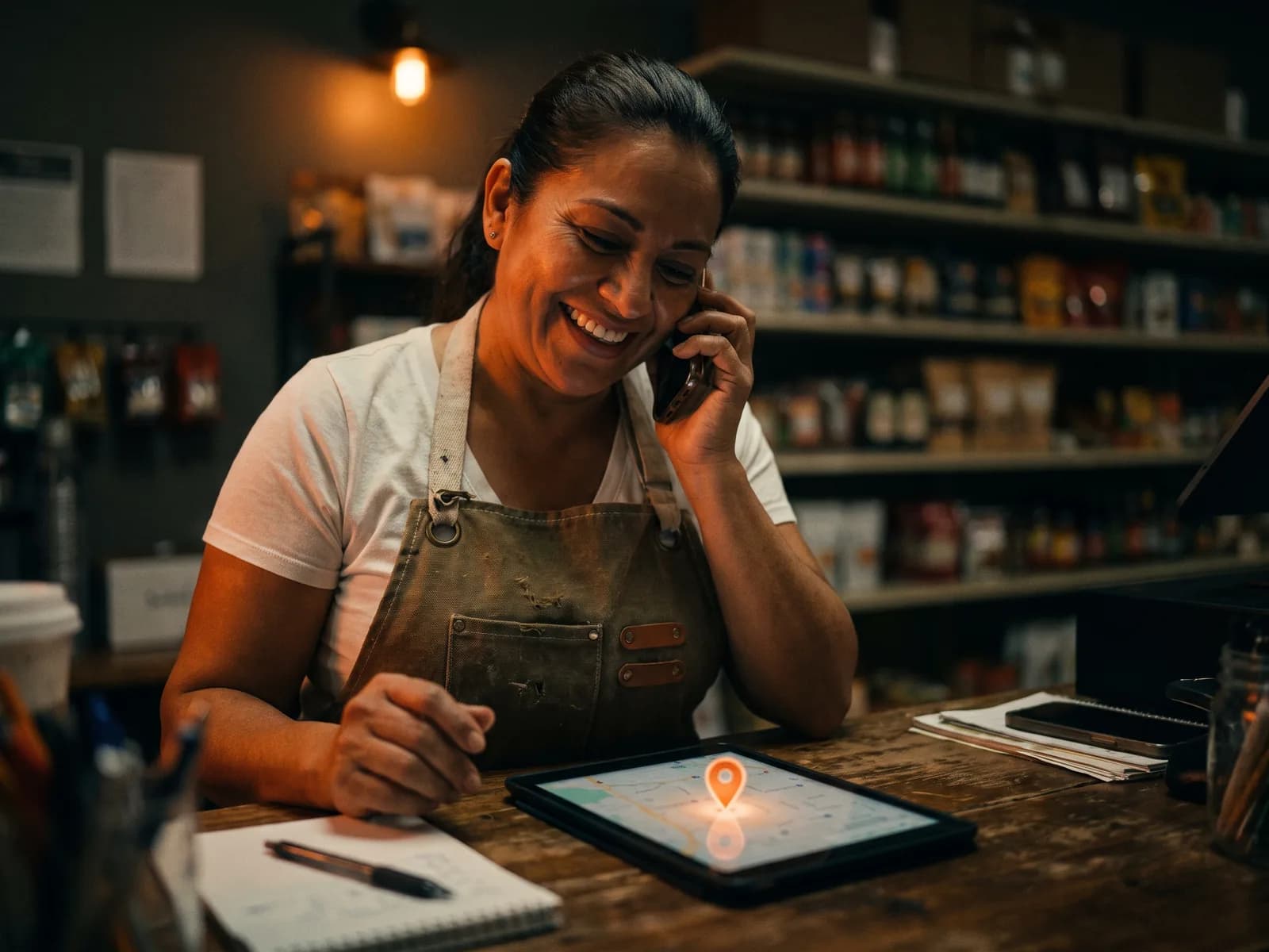 A local business owner in Hialeah answering a call from a new customer, with a map pin glowing on her tablet A local business owner in Hialeah answering a call from a new customer, with a map pin glowing on her tablet
