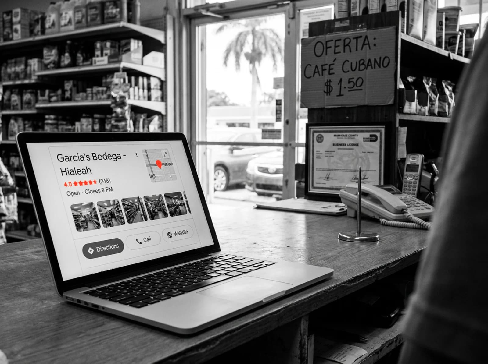 What is Local SEO and How Google Ranks Local Businesses Google Business Profile for a Hialeah bodega open on the shop counter, showing rating, hours and map