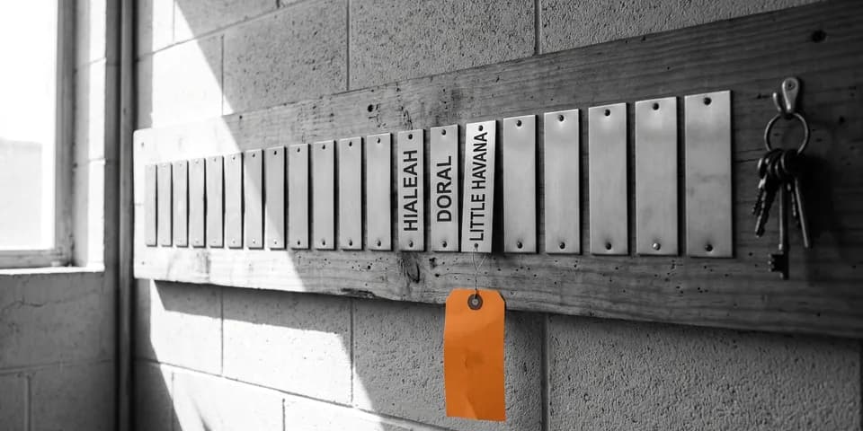 Un tablero de placas en blanco con solo tres grabadas —Hialeah, Doral, Little Havana— y una etiqueta naranja en una: página de sede solo donde hay motivo Un tablero de placas en blanco con solo tres grabadas —Hialeah, Doral, Little Havana— y una etiqueta naranja en una: página de sede solo donde hay motivo