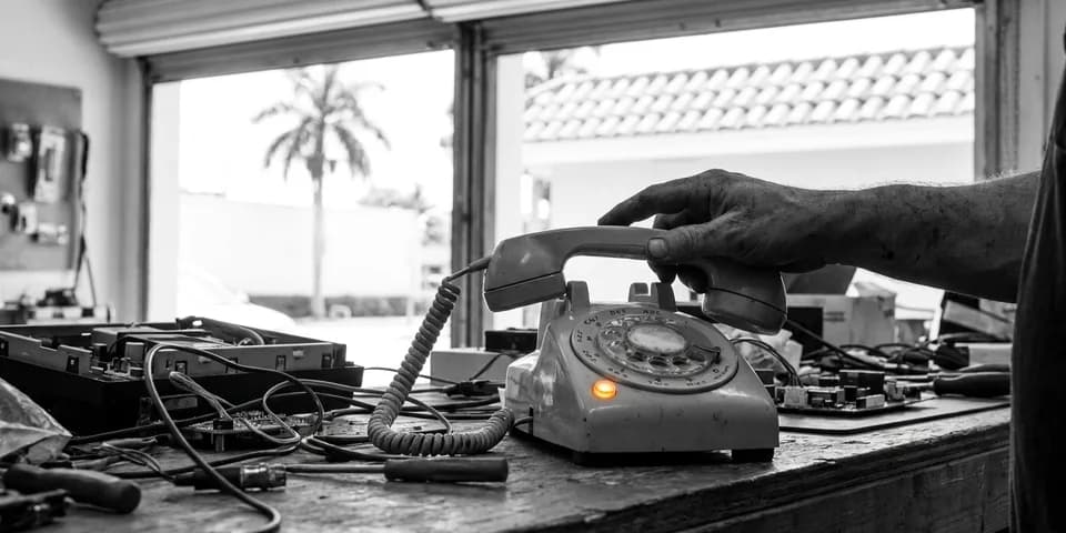 El teléfono del taller sonando en el banco de trabajo con una mano curtida yendo a cogerlo, la línea encendida en naranja y la puerta abierta a la calle El teléfono del taller sonando en el banco de trabajo con una mano curtida yendo a cogerlo, la línea encendida en naranja y la puerta abierta a la calle