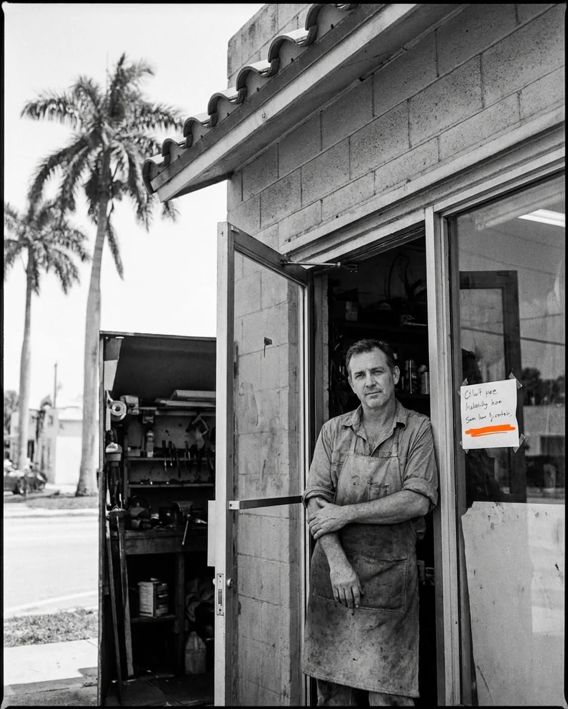 Dueño de un pequeño negocio de Miami-Dade Un dueño de negocio de Miami-Dade en la puerta de su propio taller, junto al cartel escrito a mano de su ventana