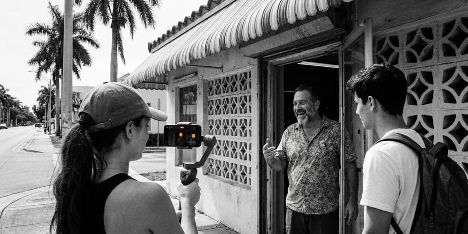 Dos personas grabando un vídeo vertical de un negocio familiar de Miami mientras el dueño habla desde su puerta, con el indicador de grabación en naranja Dos personas grabando un vídeo vertical de un negocio familiar de Miami mientras el dueño habla desde su puerta, con el indicador de grabación en naranja