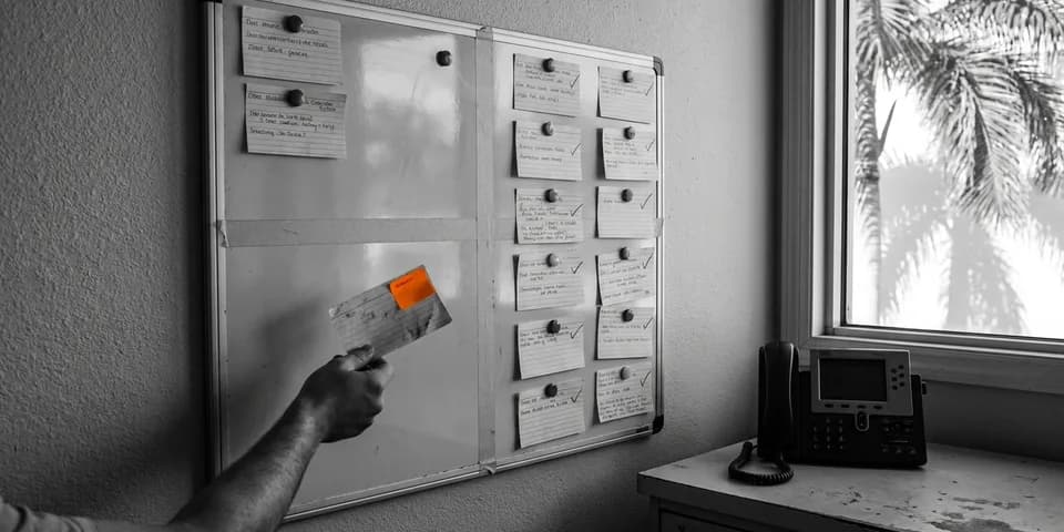 Un tablero de seguimiento en una oficina de Miami donde una ficha con etiqueta naranja vuelve al proceso: el lead que no convirtió, retomado Un tablero de seguimiento en una oficina de Miami donde una ficha con etiqueta naranja vuelve al proceso: el lead que no convirtió, retomado